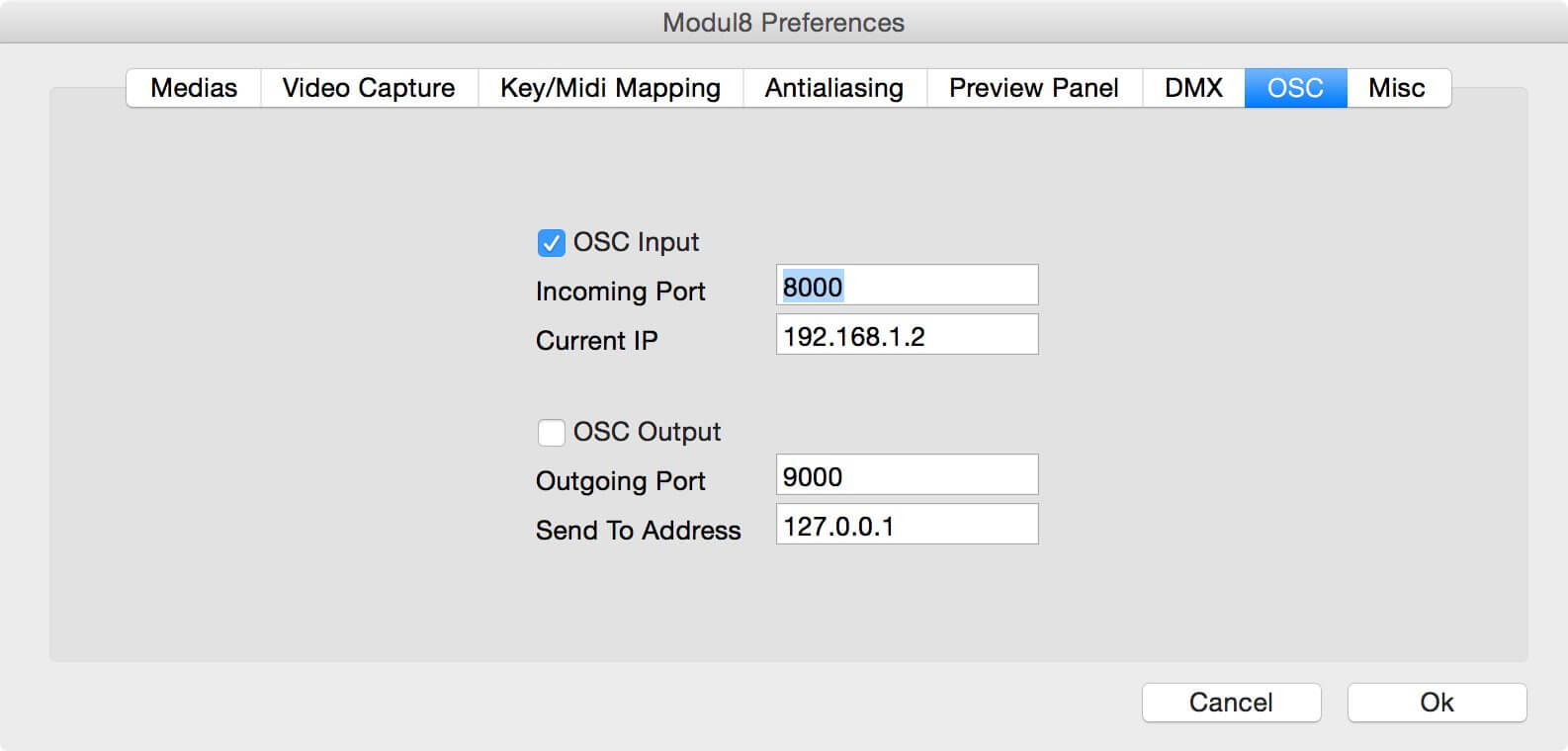 OSC Preferences in Modul8 2.9