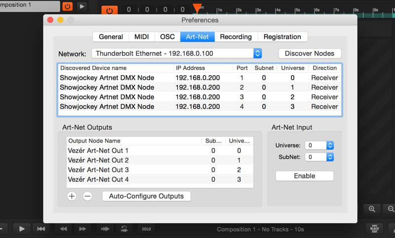 Art-Net setup in Vez&eacute;r with a Showjockey DMX-E4 node