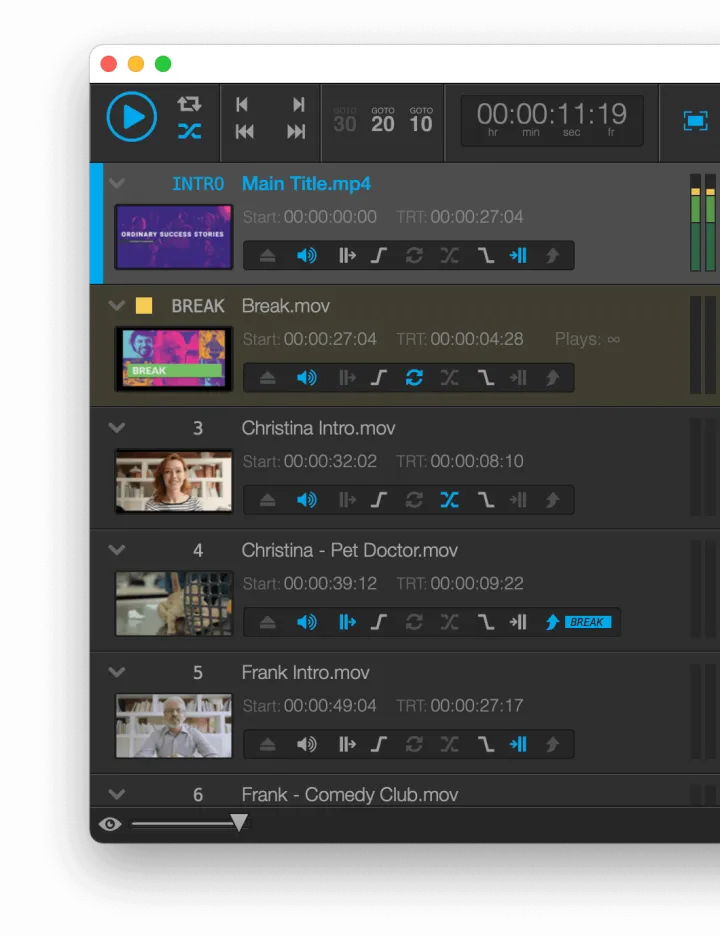 Mitti cue list with per-cue playback options