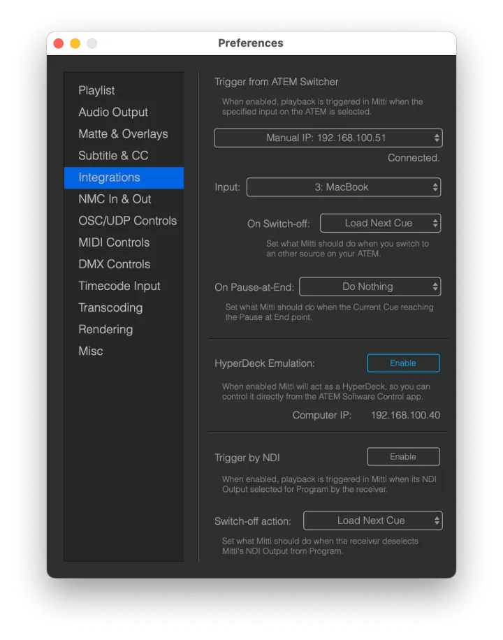 Mitti ATEM, HyperDeck, and NDI integration preferences