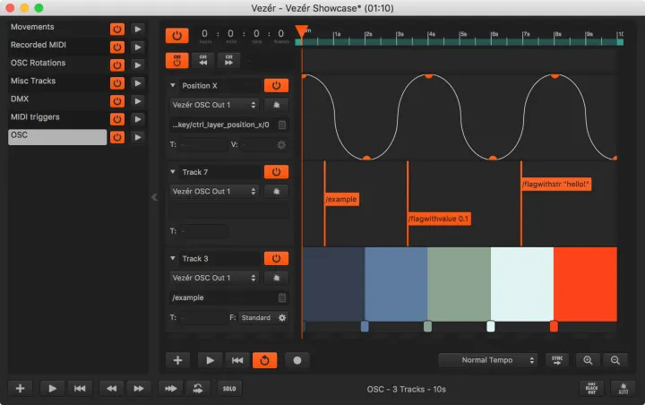 Vezér OSC tracks with continuous values and trigger messages