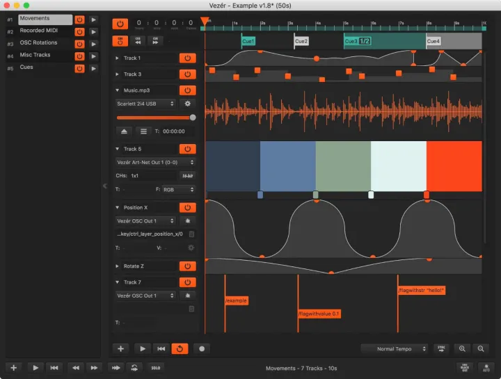 Vezér timeline with tracks, curves, cues, and show-control data