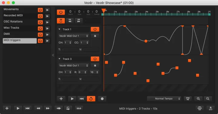 Vezér MIDI tracks with editable keyframes and event blocks